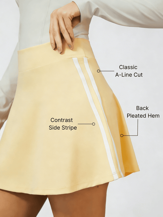 Retro Side Stripe Back Pleated A-line Tennis Skirt Yellow