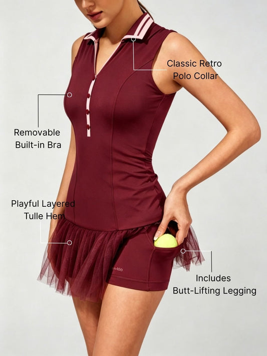 High-Elastic Button Detail Webbing Polo Collar Sleeveless Tennis Dress Wine Red