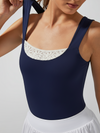 Lace Trim Wide Straps Square Neck Tank Top Navy Blue
