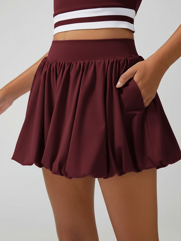 Burgundy Pocket Stitching Bubble Tennis Skirt