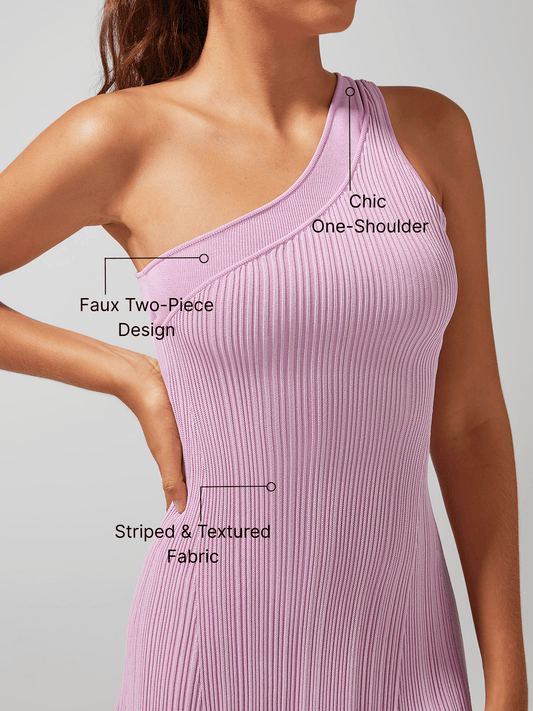 Faux Two-Piece One Shoulder Knit Sleeveless Tennis Dress Pink