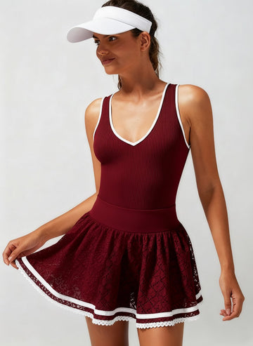 High Elasticity Hollow Out Tennis Skirt Wine Red
