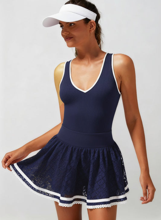 High Elasticity Hollow Out Tennis Skirt Navy Blue