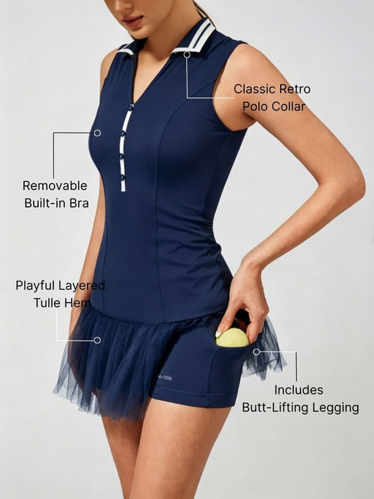 High-Elastic Button Detail Webbing Polo Collar Sleeveless Tennis Dress Navy Blue
