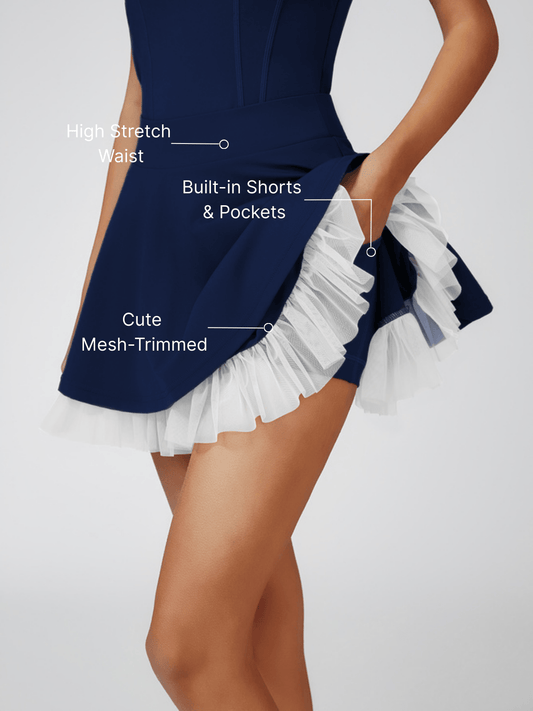 Mesh-Trimmed High-Elastic Waist Tennis Skirt Navy Blue