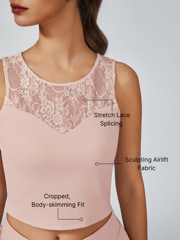 Pink Lace Splicing Crew Neck Pickleball Crop Tank Top