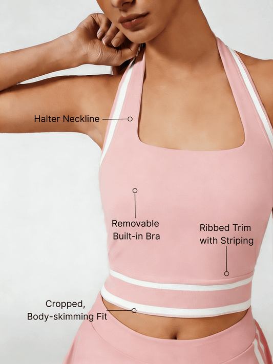 Cute Bow Halter Neckline Crop Tank Top with Built-in Bra Pink