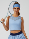 Lace Splicing Crew Neck Crop Tank Top Blue