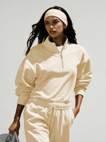 Soft Butter Casual Plain Drop Shoulder Stand Collar Sweatshirt