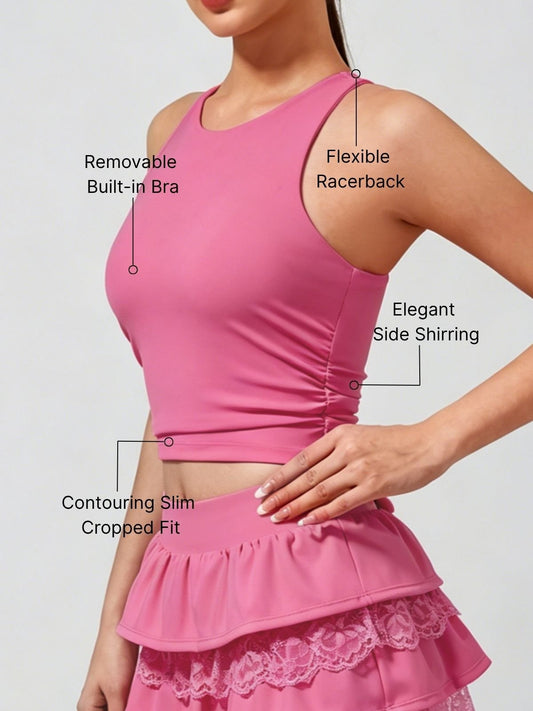 Women's Built-in Bra Shirred Crew Neck Sleeveless Tank Top Hot Pink