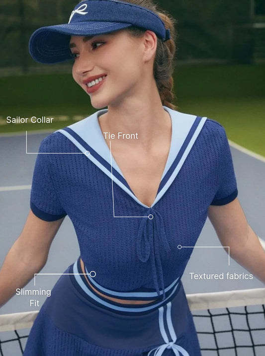 Quick-Dry Bow Navy Collar Short Sleeve Tank Top