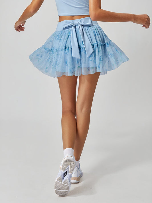 Quick-Dry Bow Floral A-Line Tennis Skirt Light Blue
