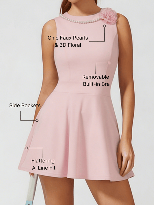 Faux Pearls 3D Floral Tennis Dress Pink