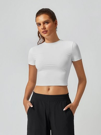 Women's High-Elastic Crew Neck Short Sleeve Crop T-shirt