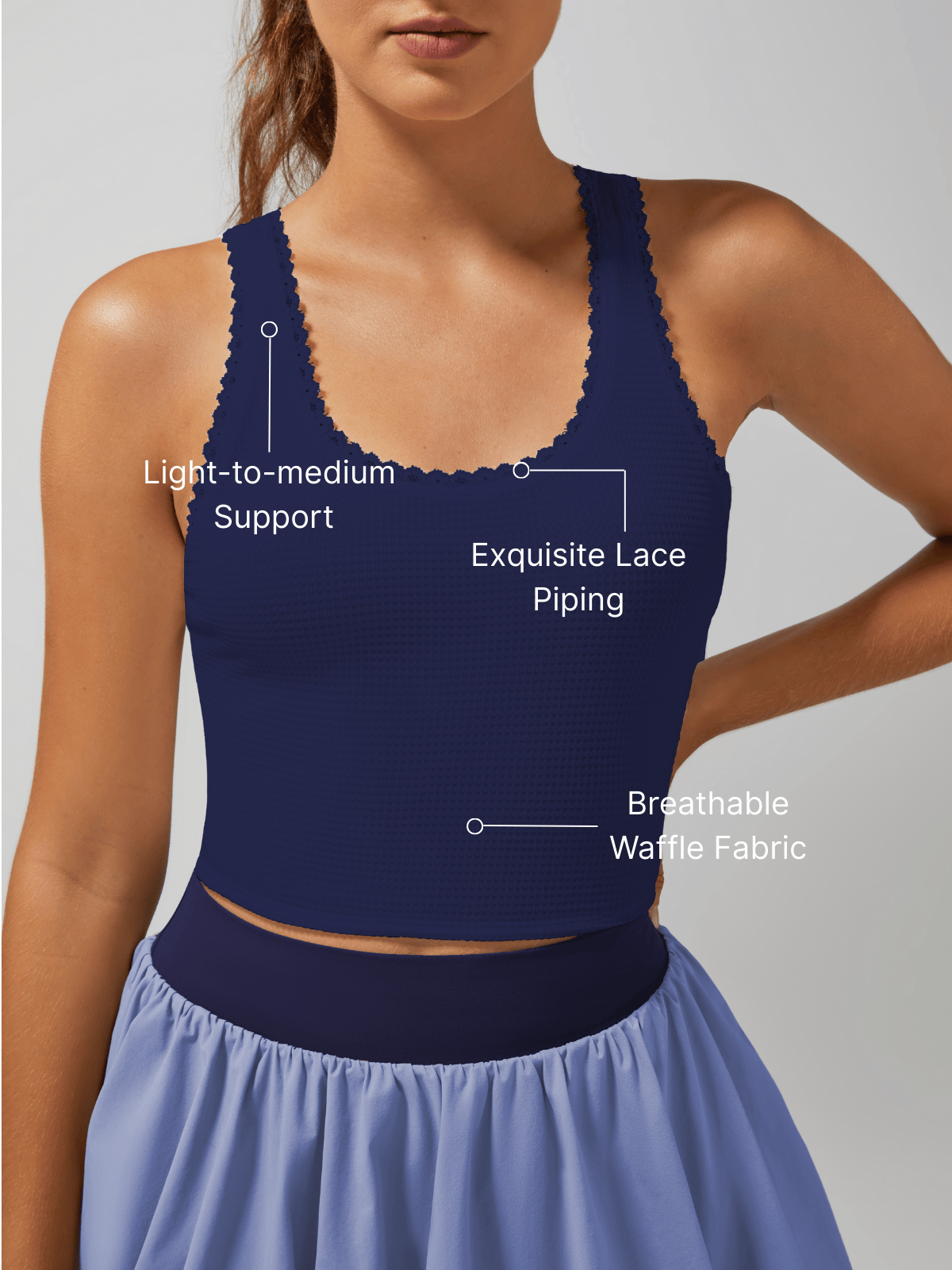 Light-to-medium Support Straps Lace Trim Tank Top Purplish Blue