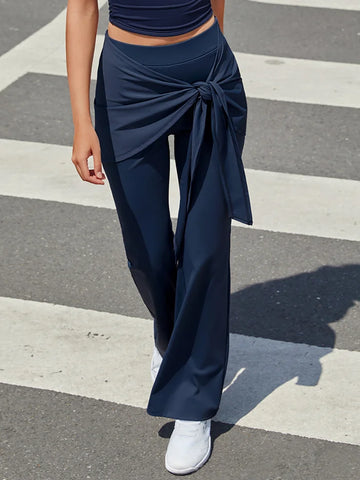 Women's High-Elastic Lace-up Long Pants Navy Blue