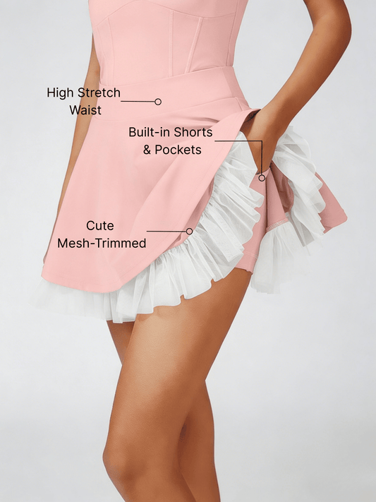 Mesh-Trimmed High-Elastic Waist Tennis Skirt Pink