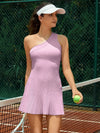 Pink Ribbed One Shoulder Knit Sleeveless Tennis Dress