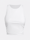 Women's White Built-in Bra Shirred Crew Neck Sleeveless Tank Top