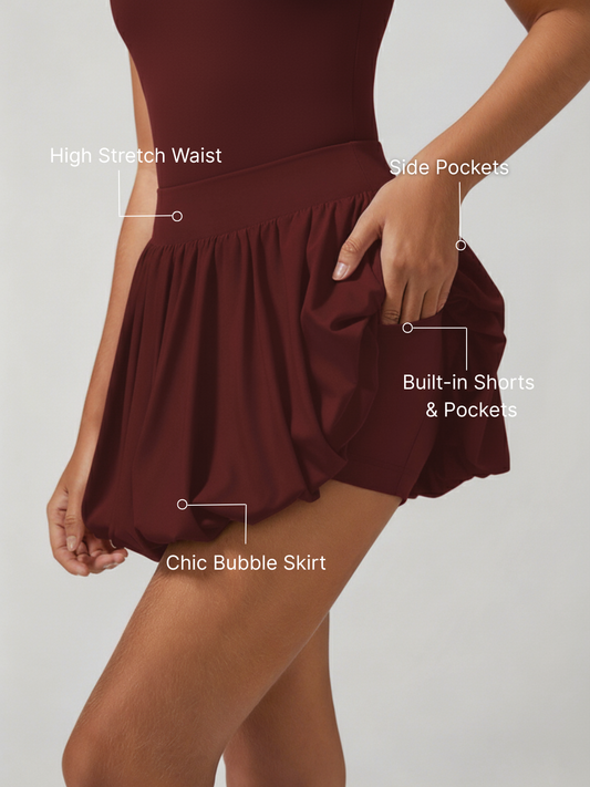 Pocket Stitching Bubble Tennis Skirt Burgundy