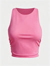 Women's Built-in Bra Shirred Crew Neck Sleeveless Tank Top Hot Pink