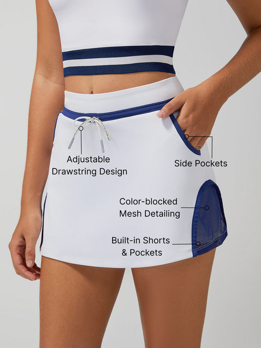 Drawstring Waist Color-block Design Tennis Skirt