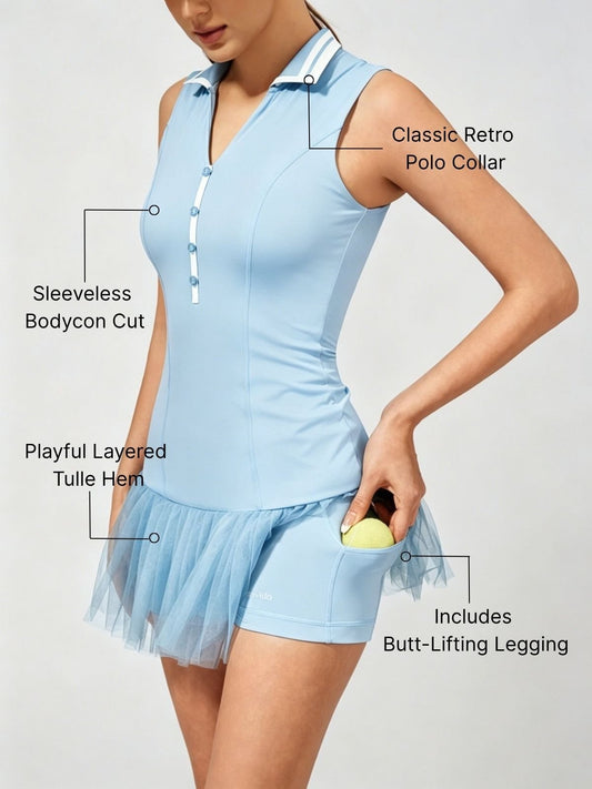 High-Elastic Button Detail Webbing Polo Collar Sleeveless Tennis Dress Blue