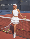Women's White Built-in Bra Shirred Crew Neck Sleeveless Tank Top