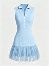 High-Elastic Button Detail Webbing Polo Collar Sleeveless Tennis Dress Blue