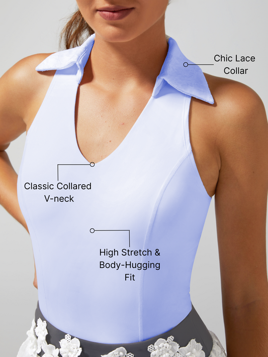 High Elasticity Lace Polo Crop Tank Top Blue