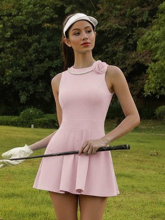 Faux Pearls 3D Floral Golf Dress Pink