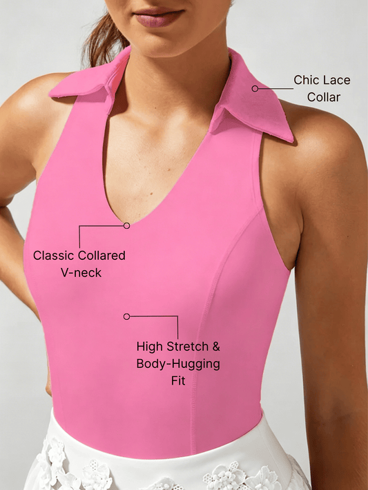 Women's High-Elastic Lace Polo Collar Sleeveless Crop Tank Top