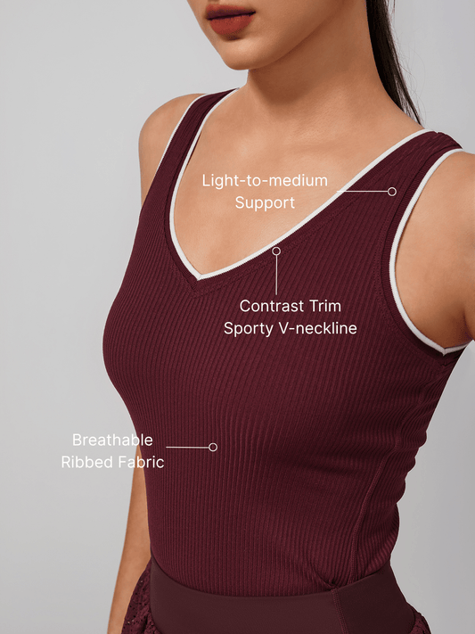 Light-to-medium Support Straps Breathable Ribbed Tank Top Wine Red
