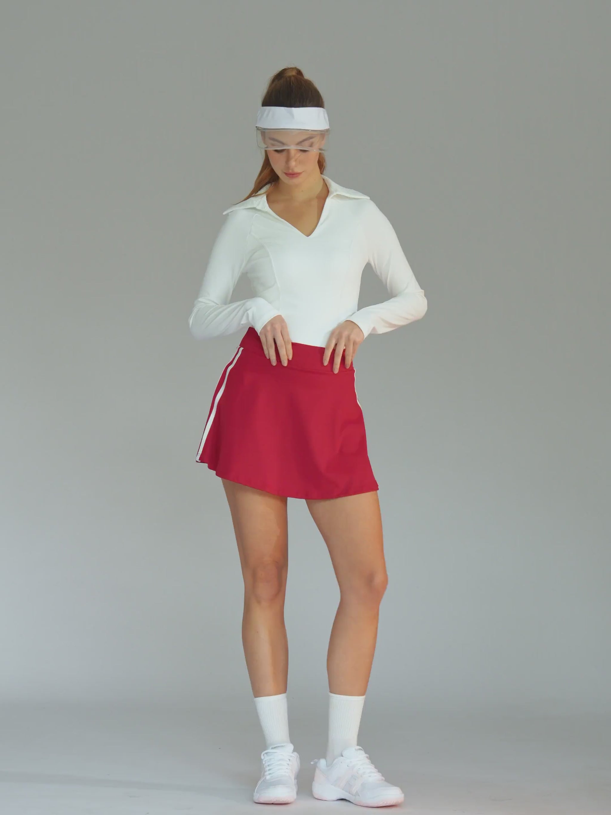Retro Side Stripe Back Pleated A-line Tennis Skirt Crimson