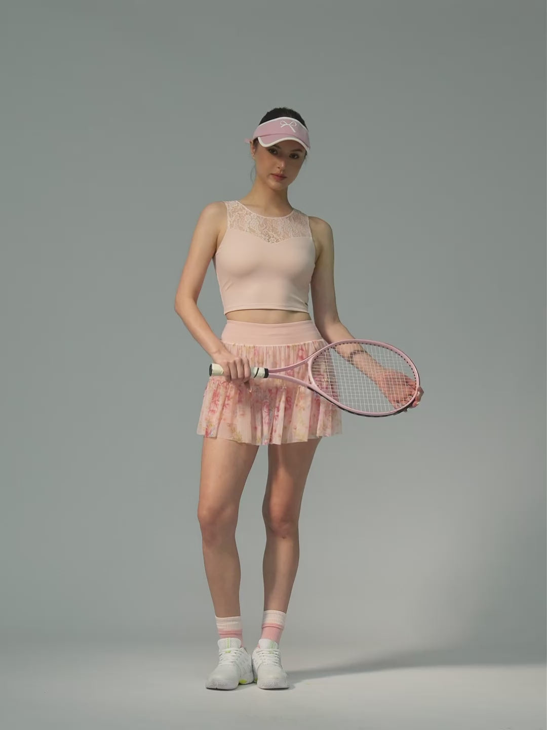 Lace Splicing Crew Neck Crop Tank Top Pink