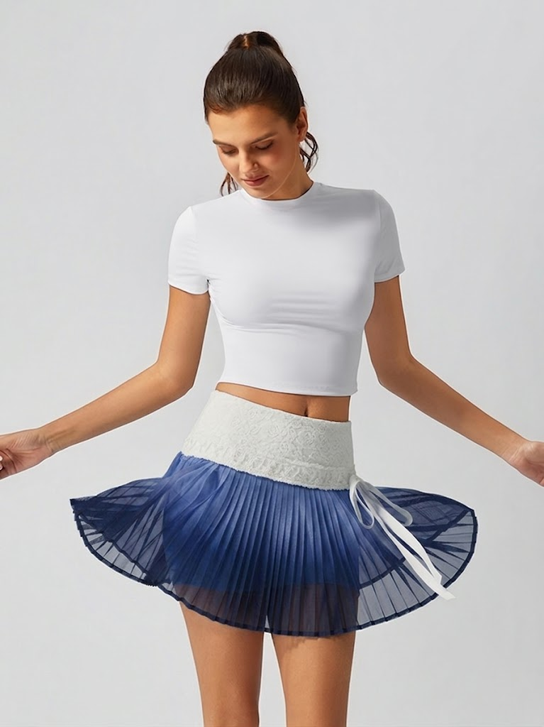 Tummy Control Ombre Pleated A-Line Tennis Skirt Navy Blue